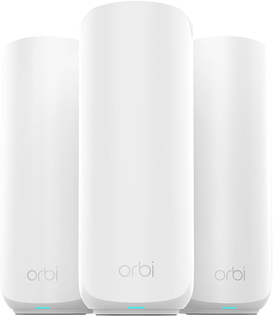 NETGEAR Orbi 370 Series Dual-Band WiFi 7 Mesh Network System for Home (RBE373) – Wireless Router + 2 Extenders, Security Features, 5 Gbps, Covers 6,000 sq.ft., 70 Devices, 2.5GB Internet Port, BE5000