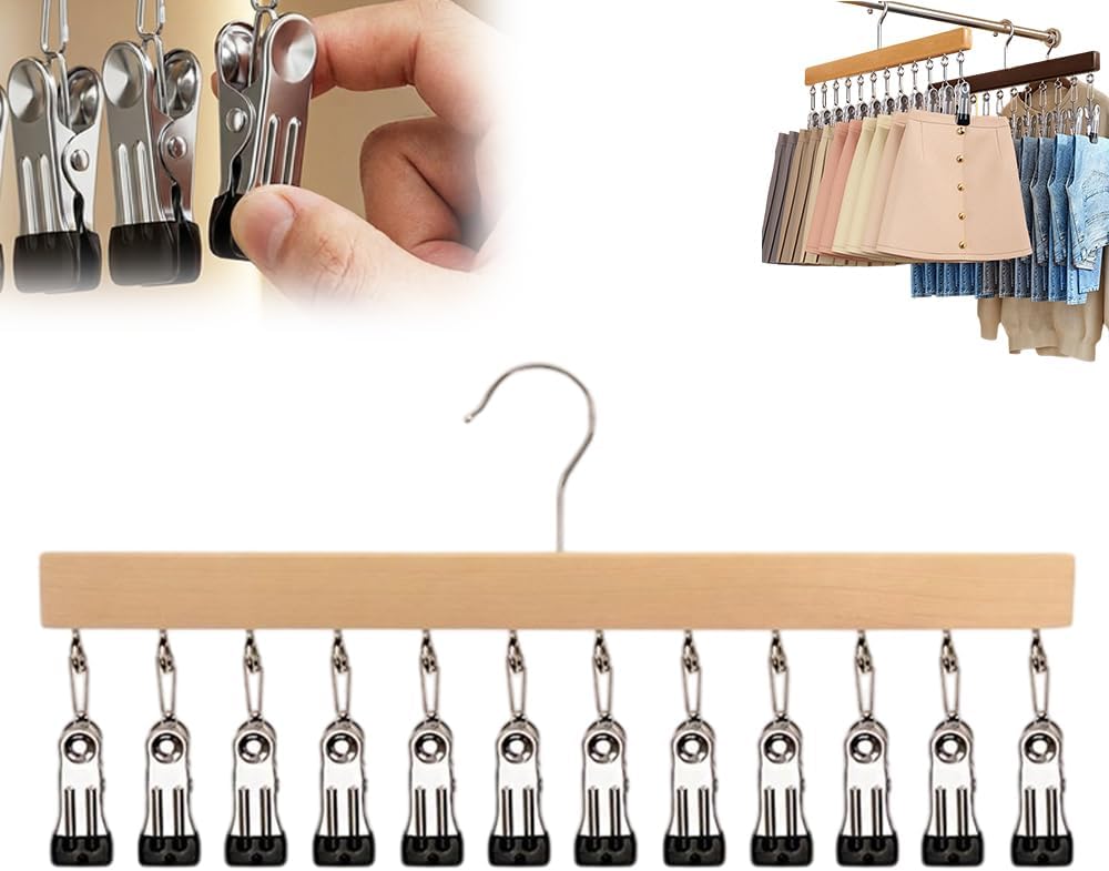 Closet Organizer with 12 Clips, 2026 Upgraded Multi Functional Hanging Closet Organizer with Clips Space Saving Closet Organizers and Storage for Jeans Skirts and Socks (Natural Wood, 1 Pcs)