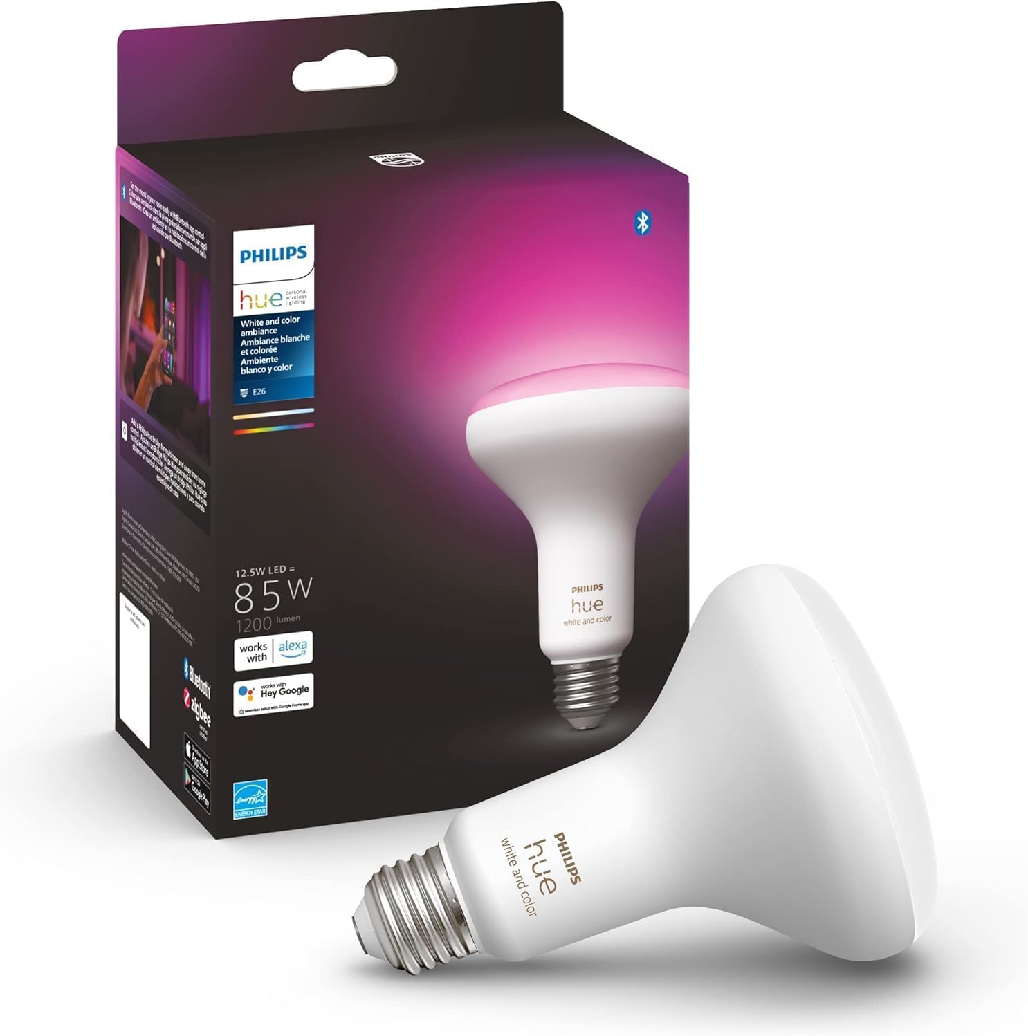 Philips Hue Smart 85W BR30 LED Bulb- White and Color Ambiance Color-Changing Light- 1 Pack- 1200LM- E26 – Indoor – Control with Hue App- Works with Alexa, Google Assistant and Apple Homekit