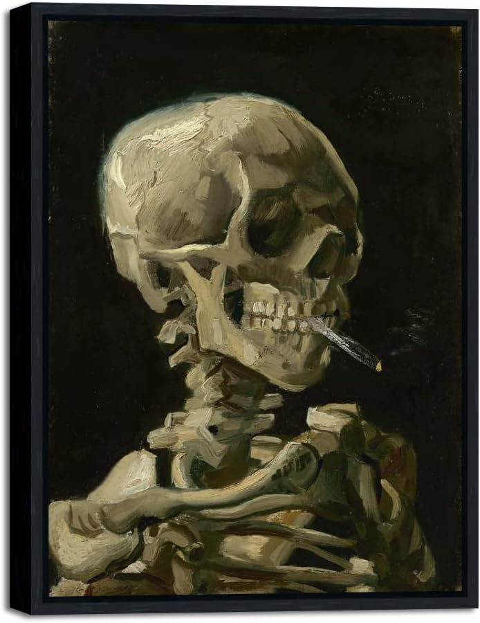 Wieco Art Framed Art Skull of a Skeleton with Burning Cigarette, 1886 by Vincent Van Gogh Canvas Wall Art for Home Decor and Wall Decoration Post-Impressionism Canvas Prints Artwork