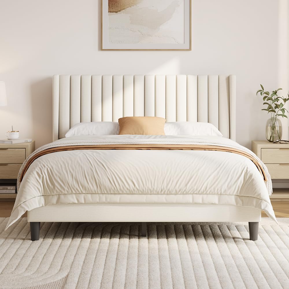 Yaheetech Queen Bed Frame Upholstered Platform Bed with Fabric Headboard, Wing Edge Design/Non-Slip and Noise-Free/Wooden Slats Support/No Box Spring Needed/Easy Assembly, Ivory Queen Bed
