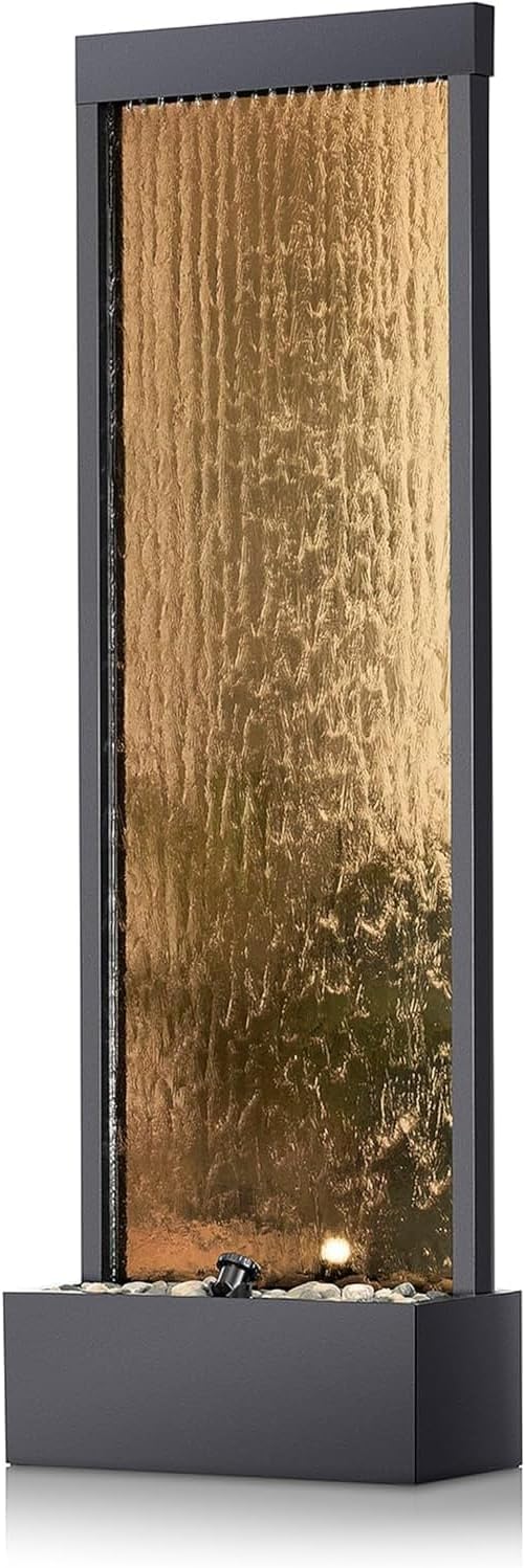Alpine Corporation 72″ Tall Indoor/Outdoor Mirror Waterfall Floor Fountain, LED Lights & River Stones, Elegant Bronze Finish for Home, Office, Patio & Entryway Decor