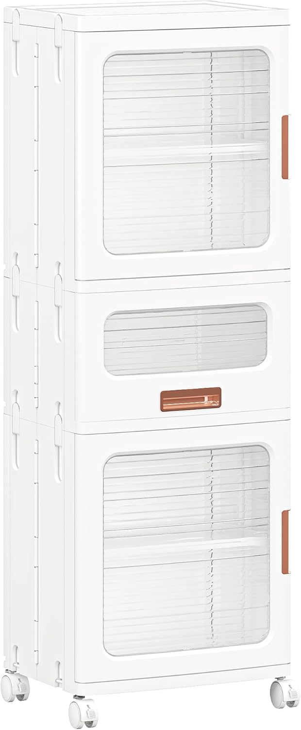 VECELO 3-Tier Narrow Bathroom Storage Cabinet with Drawer, Movable Wheels, Adjustable Shelves, Anti-Tip, Slim, for Small Space, Kitchen, Laundry, White