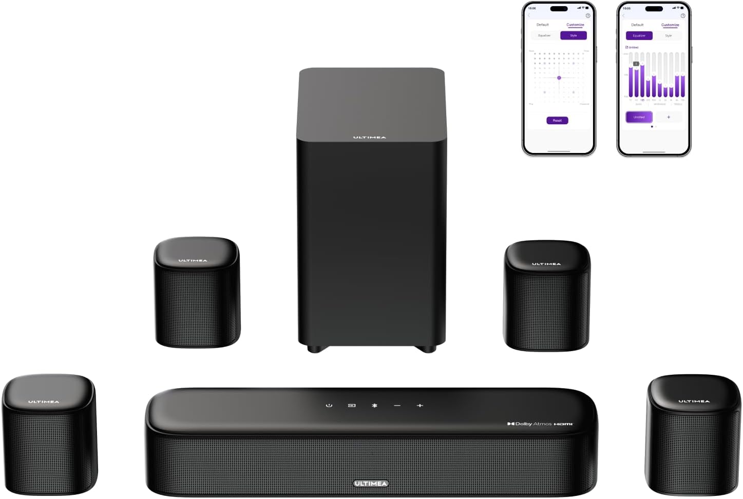 ULTIMEA 7.1ch Sound Bar with Dolby Atmos, Surround Sound System for TV with 4 Surround Speakers, Sound Bar for Smart TV with App Control, Soundbar with Subwoofer for Home Theater, HDMI eARC, Aura A60