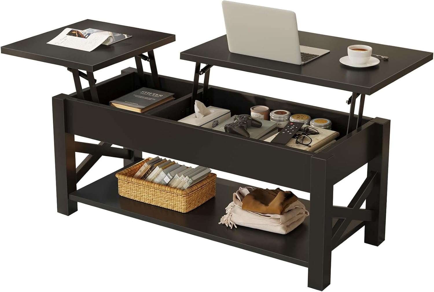 Rolanstar Coffee Table 47.2″, 2 Way Lift Top Farmhouse Center Table with Hidden Compartment, Open Shelf & X Wooden Support for Living Room, Black