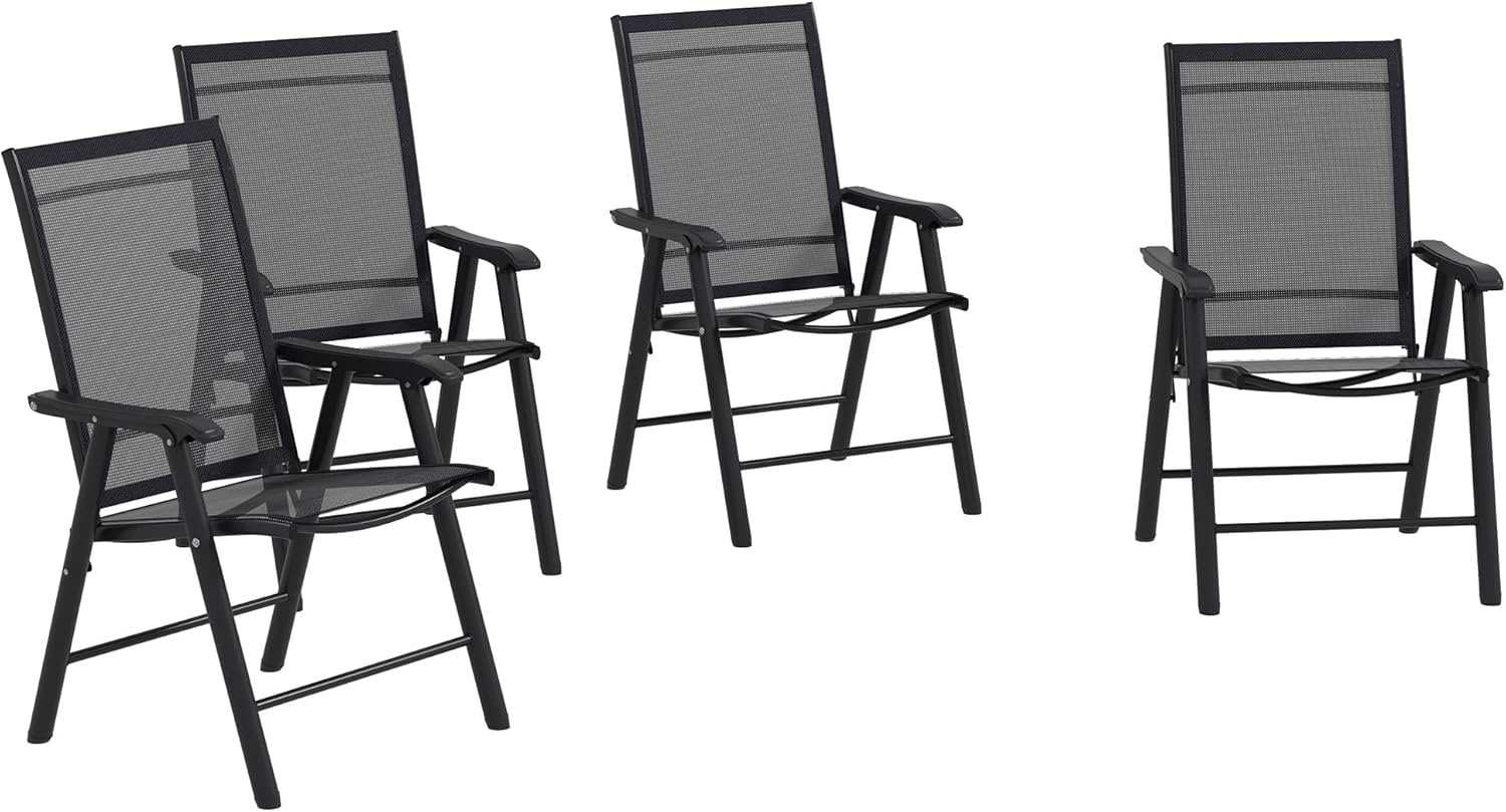 Outsunny Set of 4 Patio Folding Chairs, Stackable Outdoor Sling Patio Dining Chairs with Armrests for Lawn, Camping, Dining, Beach, Metal Frame, No Assembly, Black