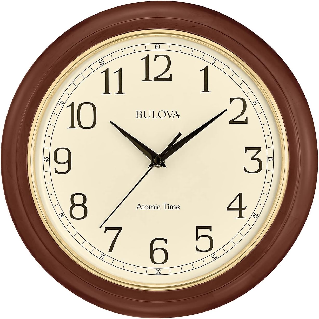 Bulova Atomic Time 2 Analog Wall Clock C5004 | 12.4″ Wooden Frame, Sets Time Automatically | Quartz Movement | Battery Operated | Classic Design