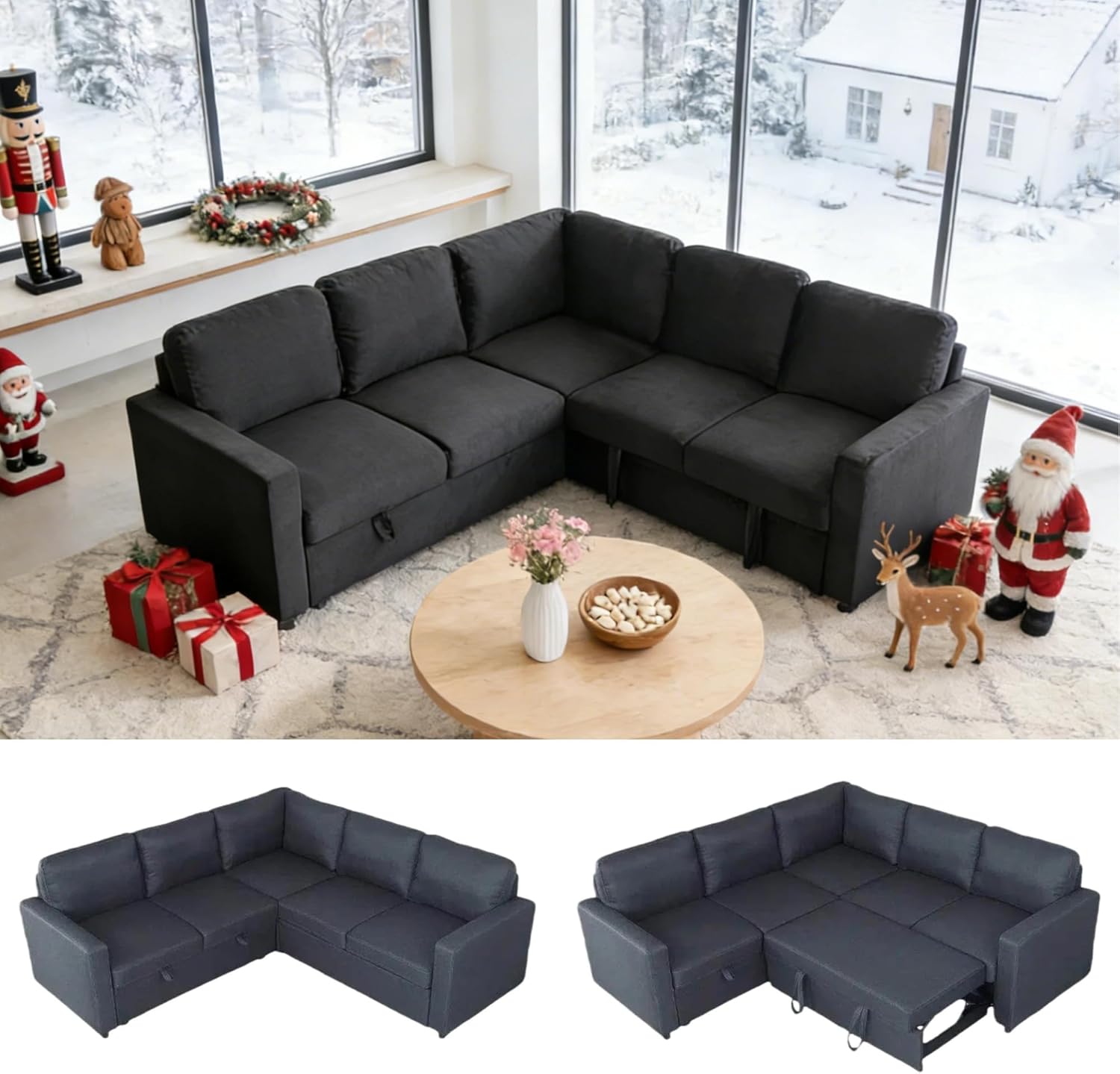 Sectional Sleeper Sofa with Pull Out Bed, L Shaped Pull Out Couch with Storage Chaise, 5 Seats Convertible Couch Bed for Apartment, Living Room, Black