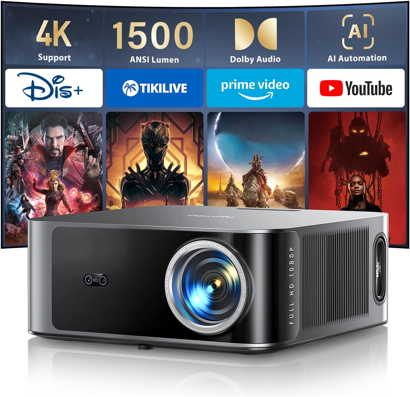 [1500 ANSI/36W Dolby Audio/APPs]Smart-Projector-4K with WiFi6 and 2Way Bluetooth, AI Auto Focus Projector with Native 1080P, HDR10, TOPTRO X9 Outdoor Movie Proyector Compatible with Phone/TV Stick/PC