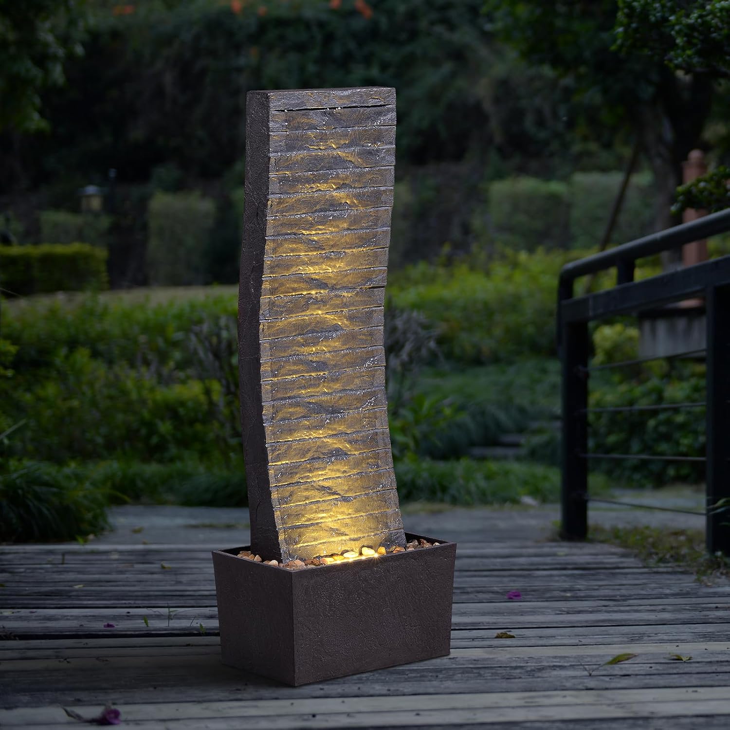 Curved Outdoor Waterfall Fountain, 36.2″ Elegant Outdoor Water Fountain with LED Lights for Patio, Garden, Backyard, Modern Large Relaxing Water Feature (24382)