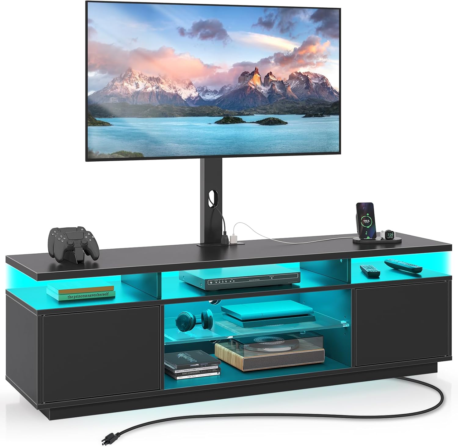 Rolanstar TV Stand with Mount and Power Outlet 51.2″, Swivel TV Stand Mount for 32/45/55/60/65/70 inch TVs, Height Adjustable Modern Entertainment Center with Storage & LED Lights, TV Table Black