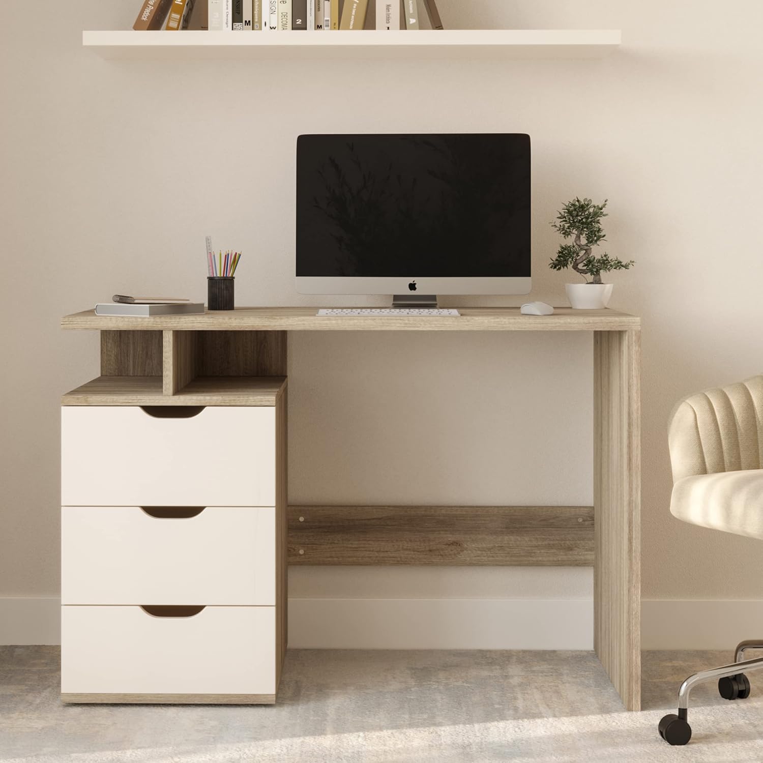 Computer Desk – Contemporary Desk with Attached 3-Drawer File Cabinet – for Home Office, Bedroom, Computer, or Craft Table by Lavish Home (White)
