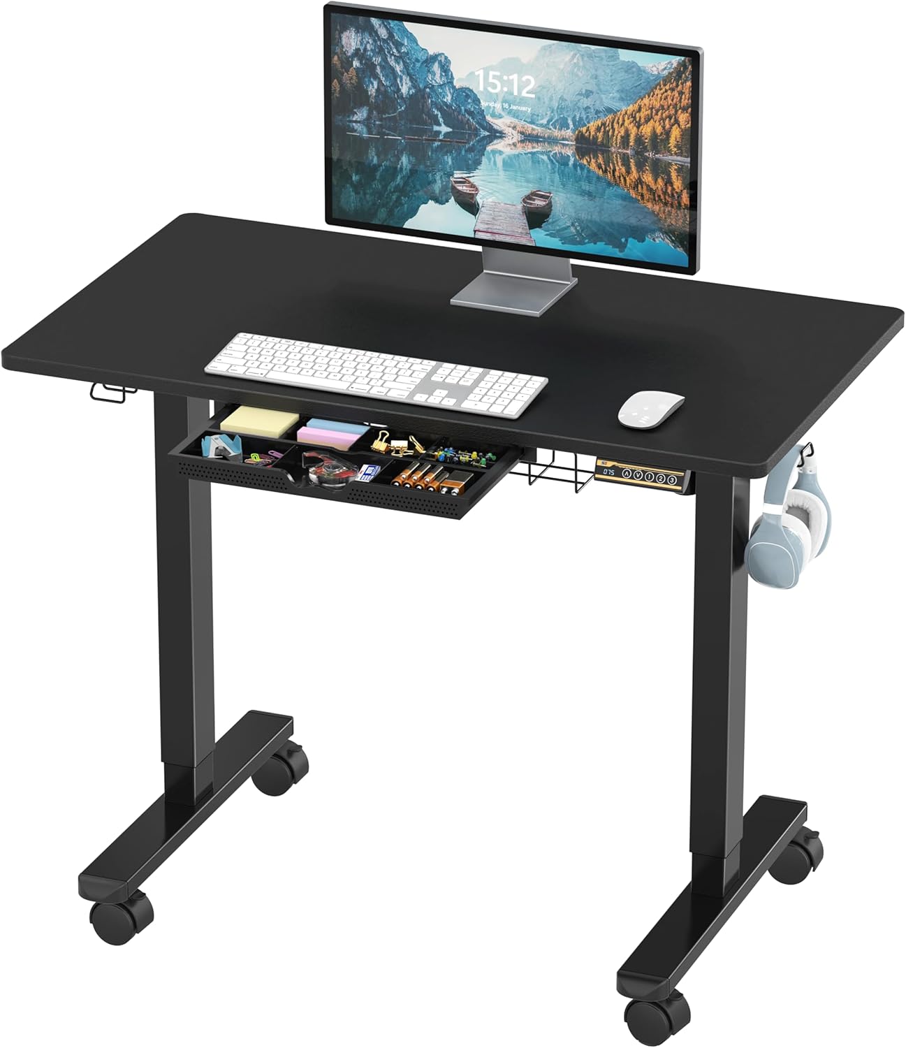 SHW 40-Inch Mobile Electric Height Adjustable Sit to Stand Desk with Drawer, Hanging Hooks and Cable Management, Black