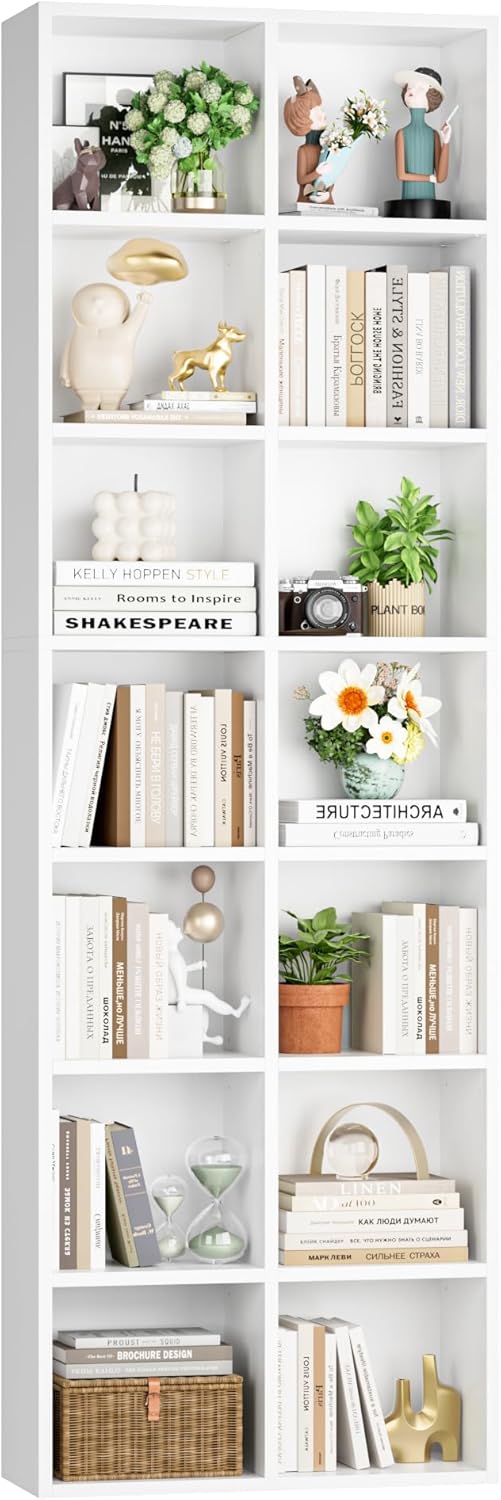 FOTOSOK 71” Tall Bookshelf with 14 Cubes, 7 Tier Double Wide White Bookshelf with 6 Adjustable Shelves, 19.6″ Narrow Bookcase DVD/CD Media Storage, Space Saving Display Shelf Cabinet, White