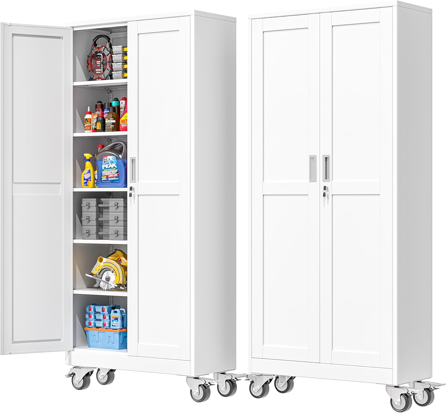 75”H Metal Garage Storage Cabinet with Wheels,Steel File Cabinets with 2 Doors and 5 Adjustable Shelves for Home Office, Warehouse, Required Assembly,White