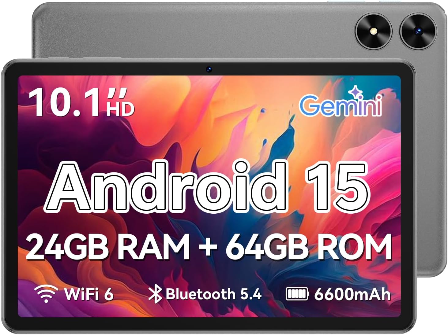 Tablet 10.1 inch, Android 15 Tablet with Case, 24GB RAM + 64GB ROM 1 TB Expandable, 1280×800 HD IPS Touch Screen, 8H Battery, WiFi 6, BT 5.4, Dual Camera (Gray)