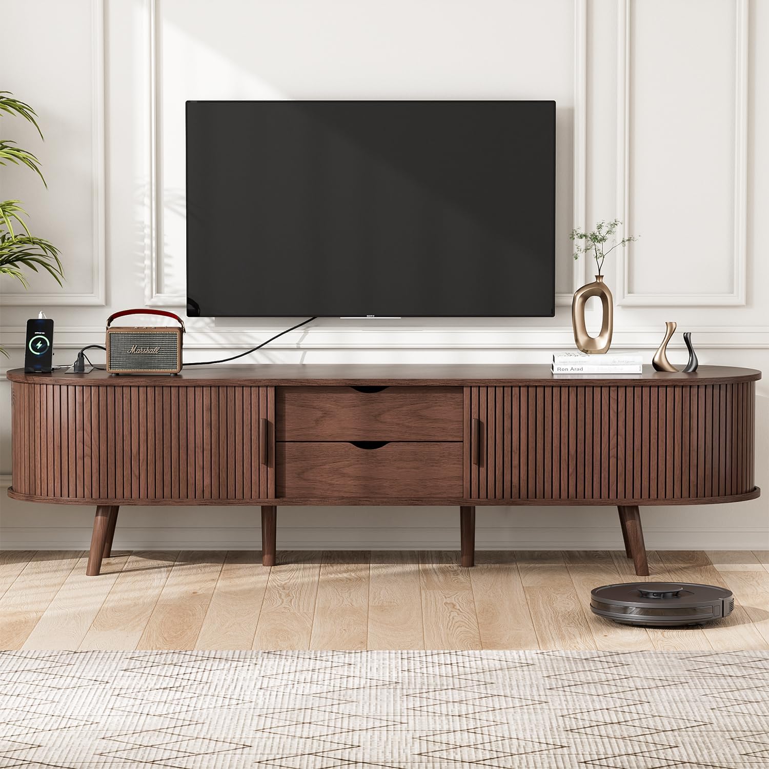 Alohappy TV Stand for TVs up to 80″, Entertainment Center with Power Outlet and Sliding Door, 69 Inch TV Console with Storage and Drawer, Mid Century Modern TV Stand for Living Room, Bedroom, Walnut