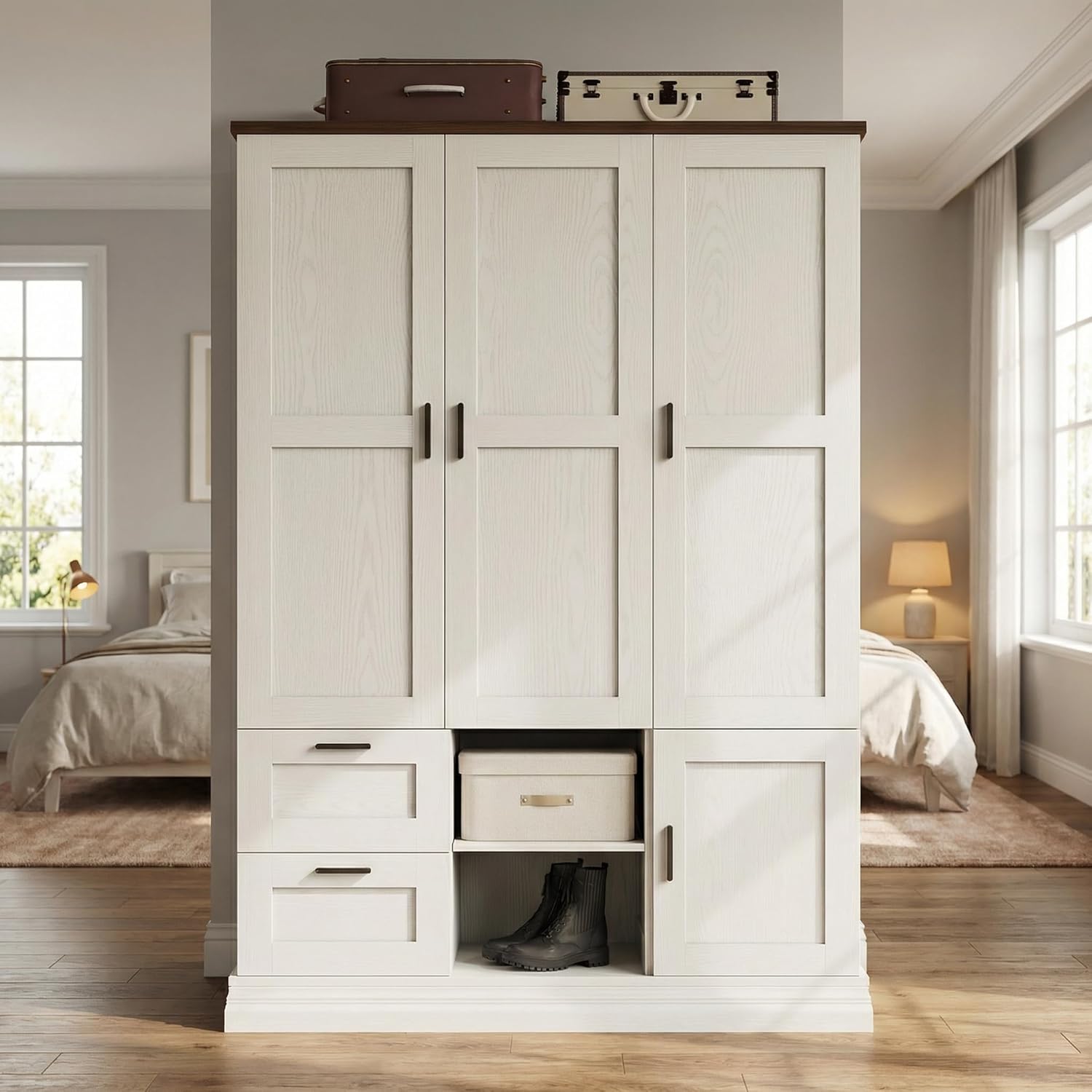 IRONCK Wardrobe Closet with 2 Drawers, 2 Hanging Rods, 3 Doors Wooden White Wardrobe, Large Freestanding Closet Bedroom Armoire Cloth Storage Cabinet for Couples, Easy Assembly, Rustic White