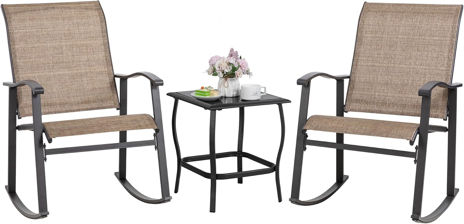Shintenchi Rocking Chair Outdoor with Table, 3 Piece Rocking Patio Bistro Set, Outdoor Furniture Set with Metal Frame and Textilene Fabric for Small Space, Brown