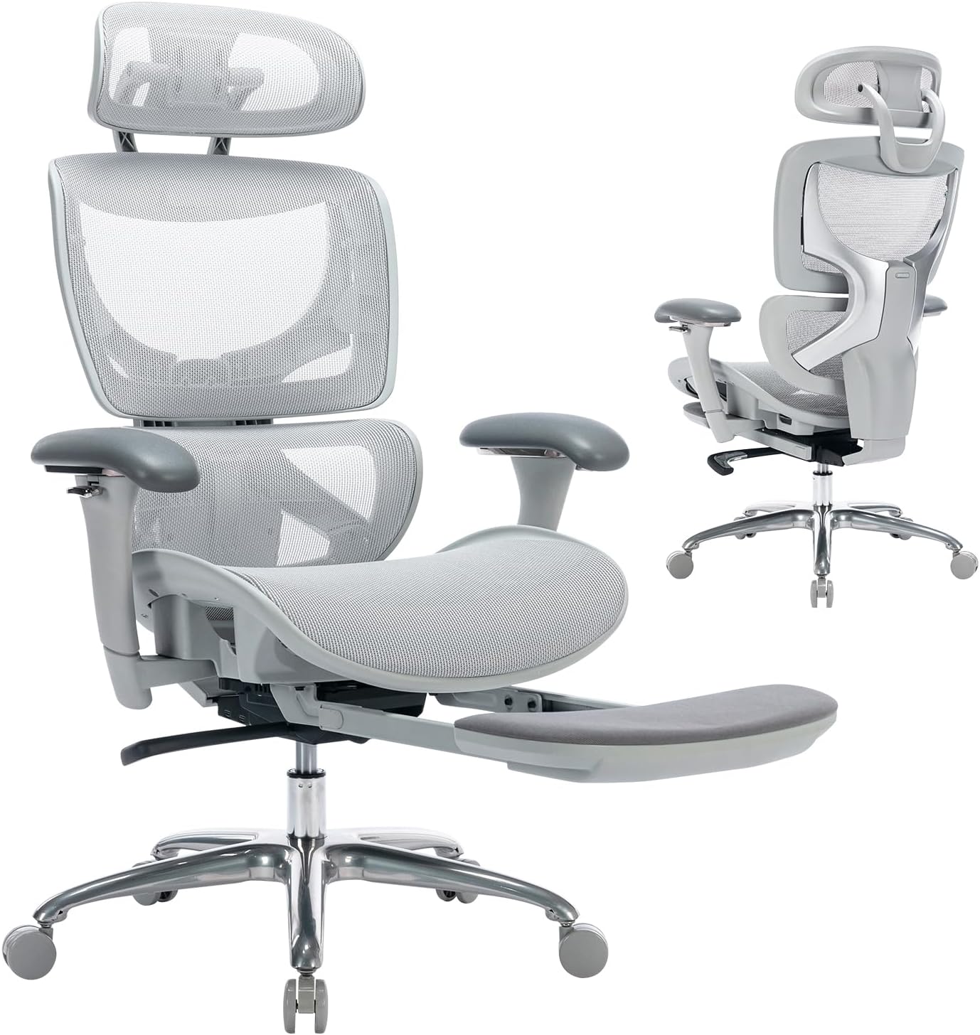 COLAMY Ergonomic Mesh Office Chair, High Back Desk Chair with Footrest, Adjustable Headrest and 3D Arms, Fixed Tilt Lock, Lumbar Support, Breathable Mesh Computer Chair for Home Office,Grey
