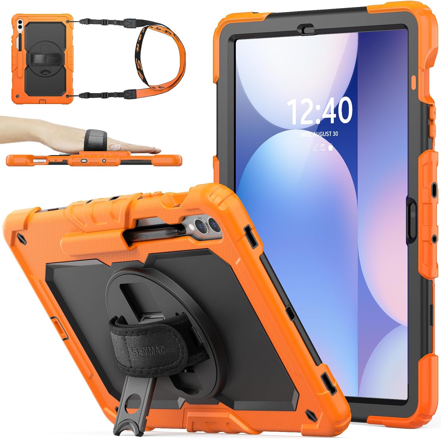 SEYMAC stock Case for Samsung Galaxy Tab S10 Plus/ S9 FE Plus/ S9 Plus 5G Tablet 12.4” Case with Screen Protector Pencil Holder [360 Rotating Hand Strap] &Stand, Drop-Proof, Orange1
