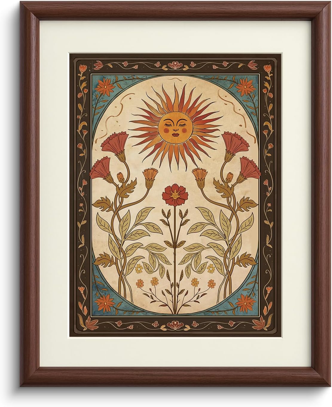 InSimSea Brown Framed Canvas Wall Art, Bedroom Small Vintage Art,11x14in, Retro Sun floral Paintings Prints, Country Bohemian Shelf Decor for Living Dining Room Hallway, Anti-dust(with acrylic panel)