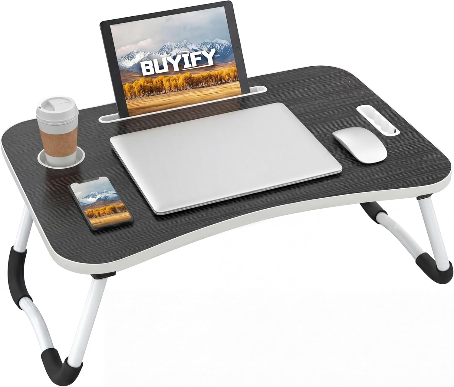 BUYIFY Foldable Lap Desk for Laptop & Writing – 23 inch Bed Tray Table with Cup Holder & Tablet Slot – Portable Notebook Stand for Eating, Sofa, Couch & WFH Students (Black)