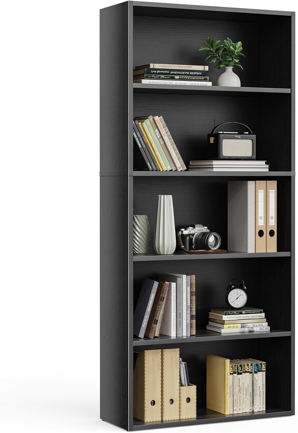 Sweetcrispy Industrial 5 Shelf Bookcase – Large 53 Inch Tall Floor Standing Open Bookshelf with Anti-Tipping Device for Home Office, Living Room, and Bedroom Storage, Black