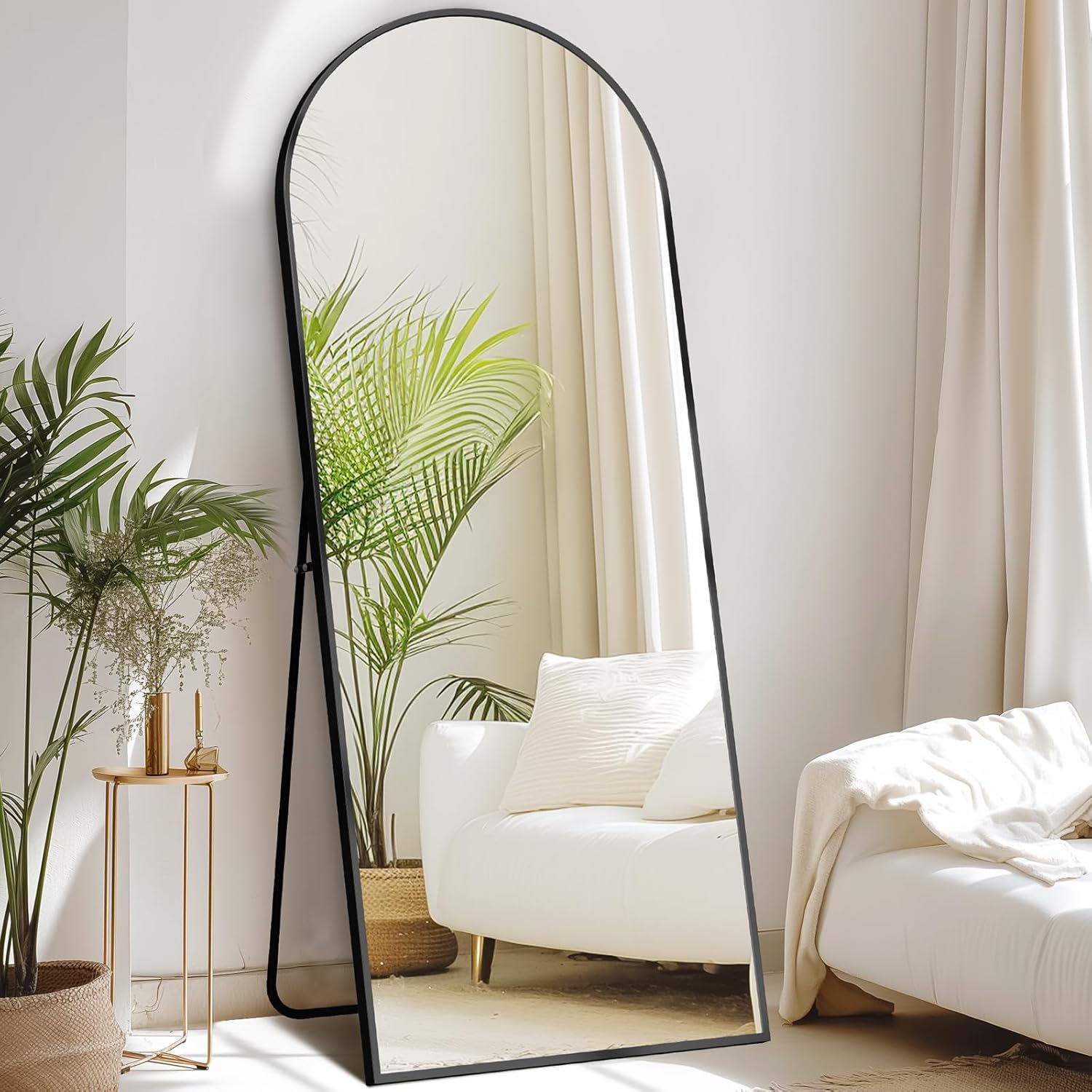 DUMOS 64″x21″ Arched Full Length Mirror with Stand Floor Free Standing Aluminum Frame for Bedroom Body Hanging Leaning Modern Simple Home Decor Shatter-proorf Nano Glass Wall, Black-Rounded