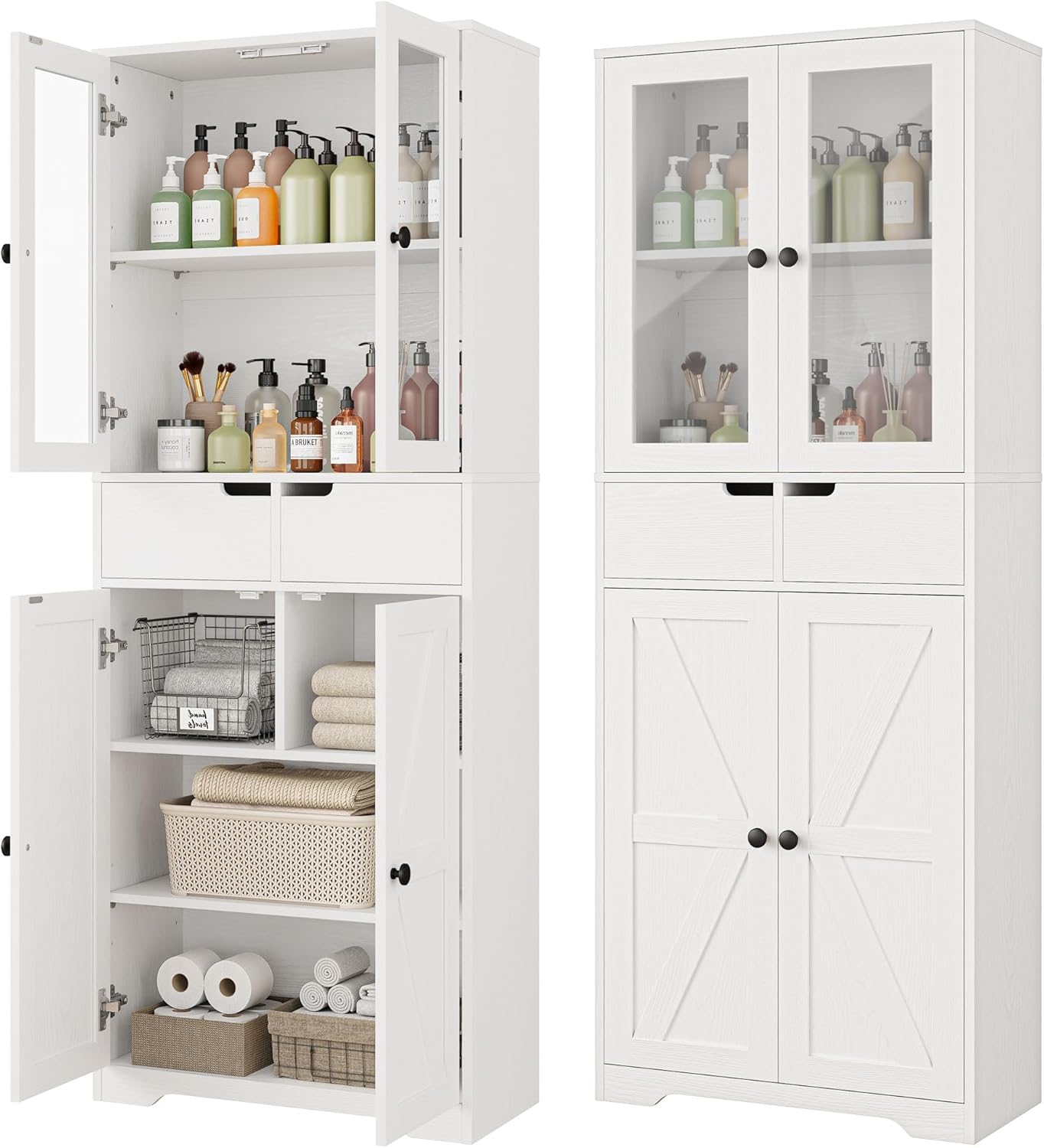 IRONCK 67″ Tall Bathroom Storage Cabinet, Freestanding Linen Cabinet with Glass Doors and Shelves, Farmhouse Bathroom Floor Cabinet with 2 Drawers for Bathroom, Office, White