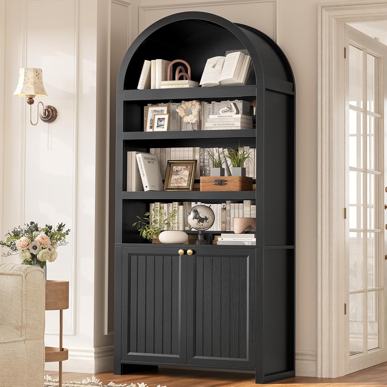 81″ Tall Arched Cabinets,Bookcase with storage,Mid-Century Modern 6-Tier Bookshelf with Door,2 Book Risers and Adjustable Shelves offering more storage space for Living Room,Kitchen,Home Office,Black