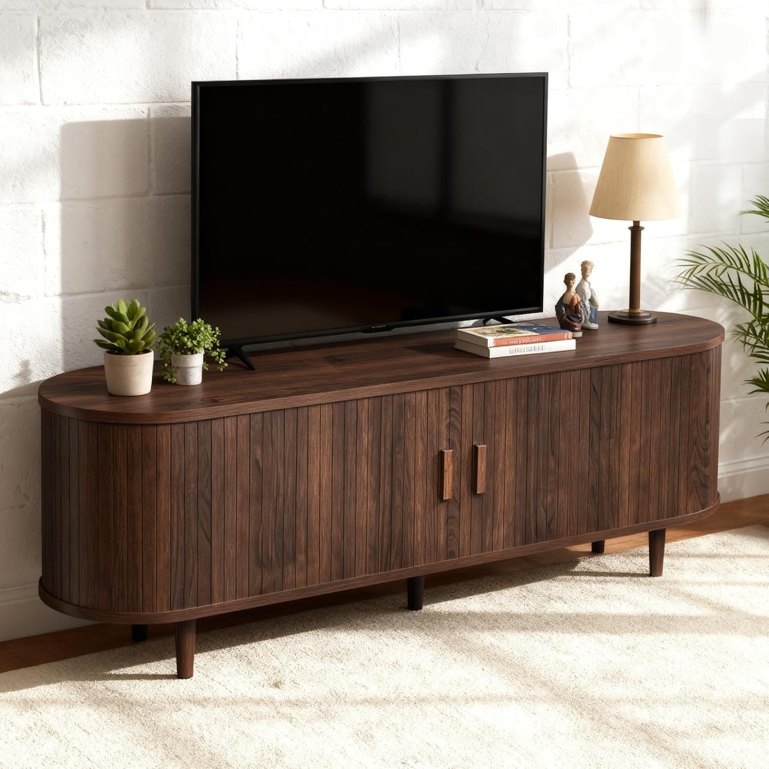 58″ Mid Century Modern TV Stand, Wood TV Consoles with Sliding Doors and Power Outlet, Entertainment Center with Adjustable Shelves, Fluted TV Stands for Living Room, Walnut