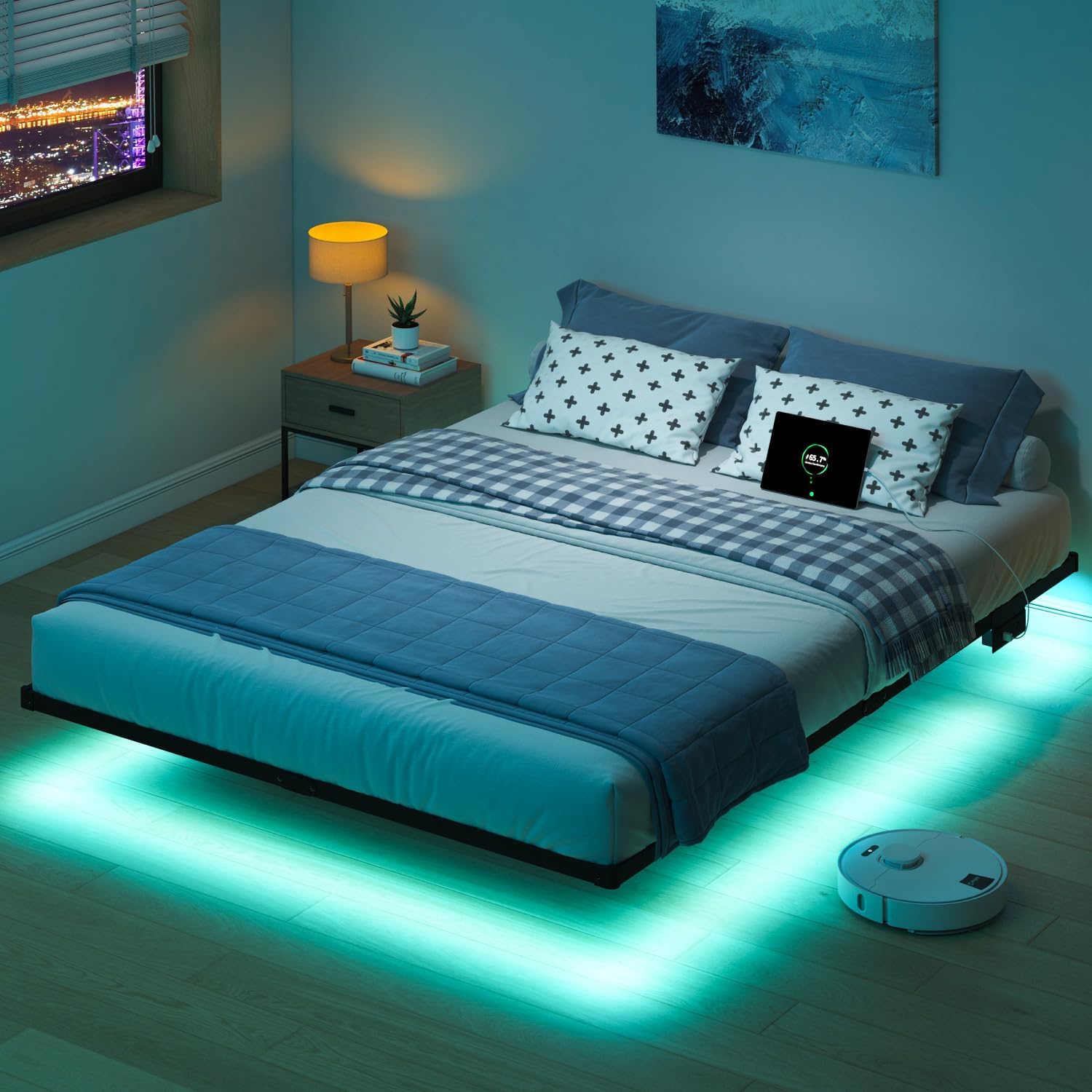 Floating Bed Frame Queen with LED Lights and Charging Station – 8 inch Platform Bed Frame No Box Spring Needed, Easy Assembly