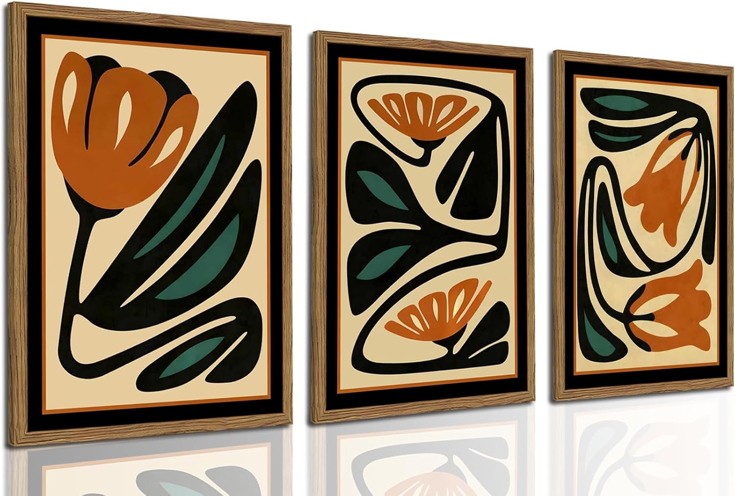 Mid Century Floral Wall Art Set of 3, Modern Abstract Botanical Wall Decor Picture, Vintage Boho Eclectic Plant Canvas Prints Paintings for Bedroom Living Room 12×16 inch Framed