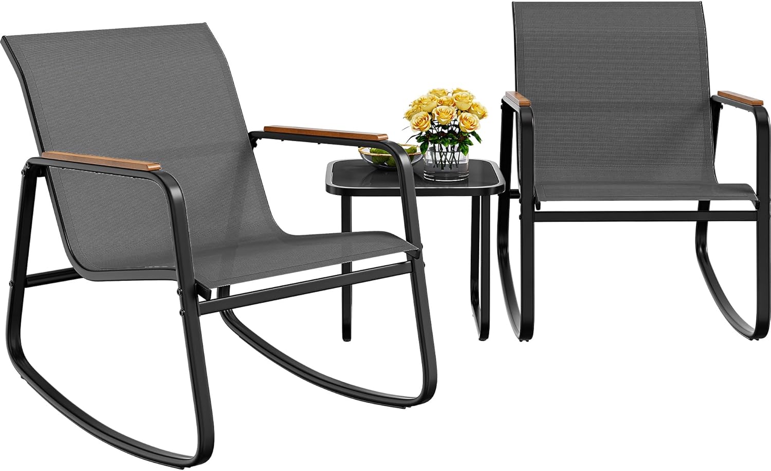 YITAHOME 3 Piece Rocking Bistro Set, Outdoor Patio Furniture Set with Wooden Armrests, Porch Chairs Set with Glass Table for Lawn, Garden, Balcony, Poolside, Dark Gray