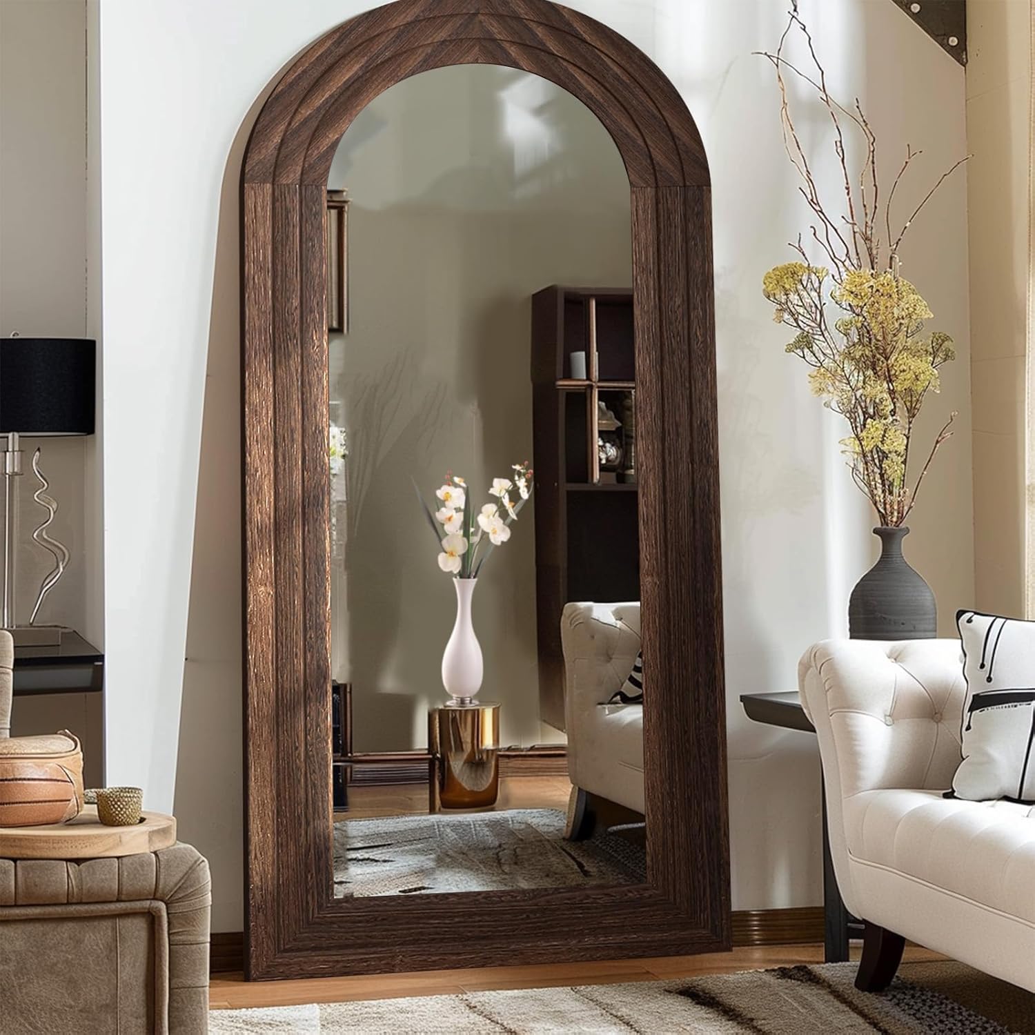 ZHUNFA Arched Full Length Mirror with Solid Wood Frame, 71×32 Farmhouse Wall Mounted Floor Mirror with Stand, Vertical Hanging, Leaning Standing for Bedroom, Living Room, Brown