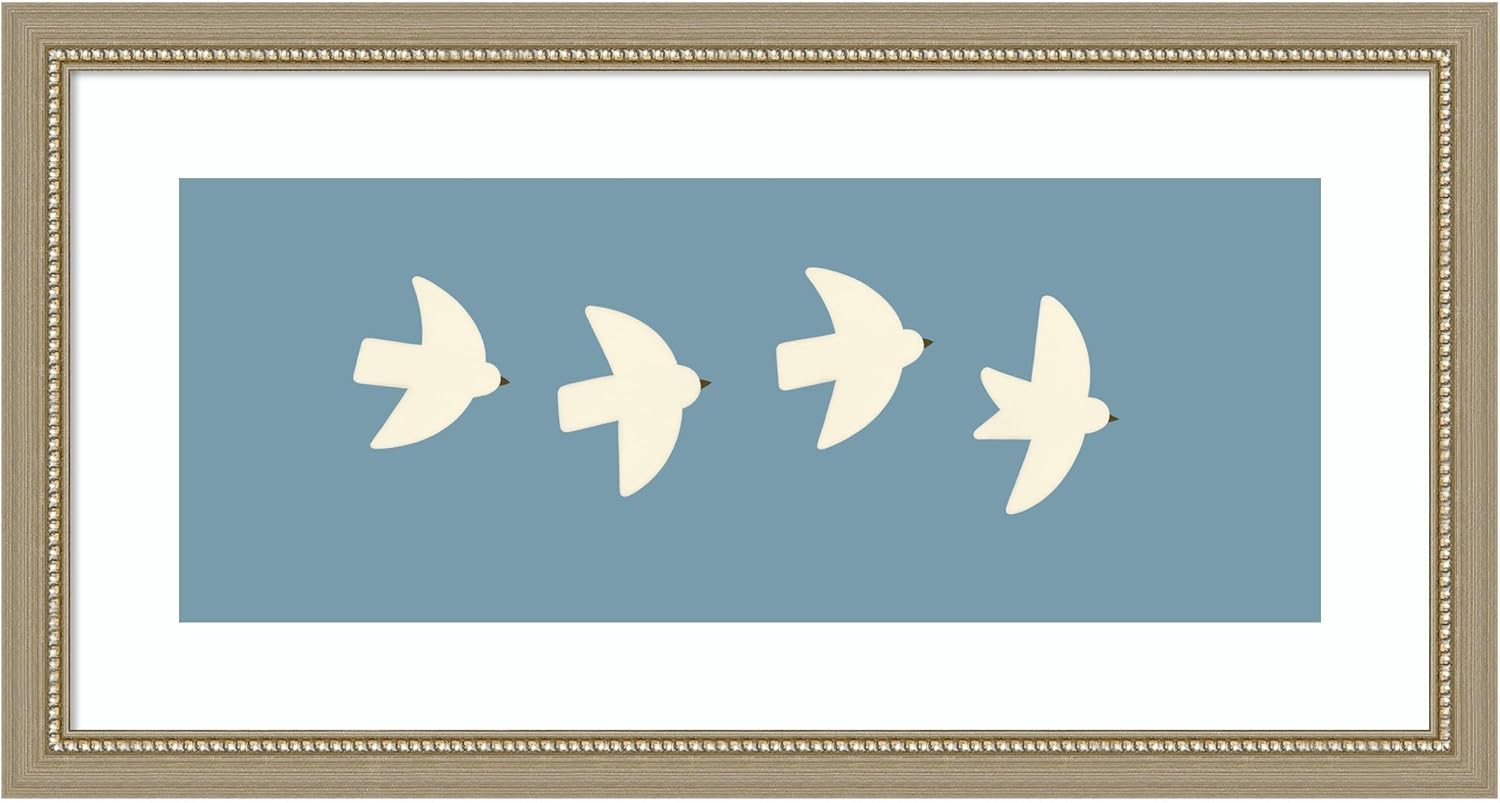 Kate and Laurel Framed Wall Art Print Minimalist Birds Panel Blue by Laura Moss, 26 x 14, Belmont Distress Silver Frame, Modern Contemporary, Animal Art for Wall Decor