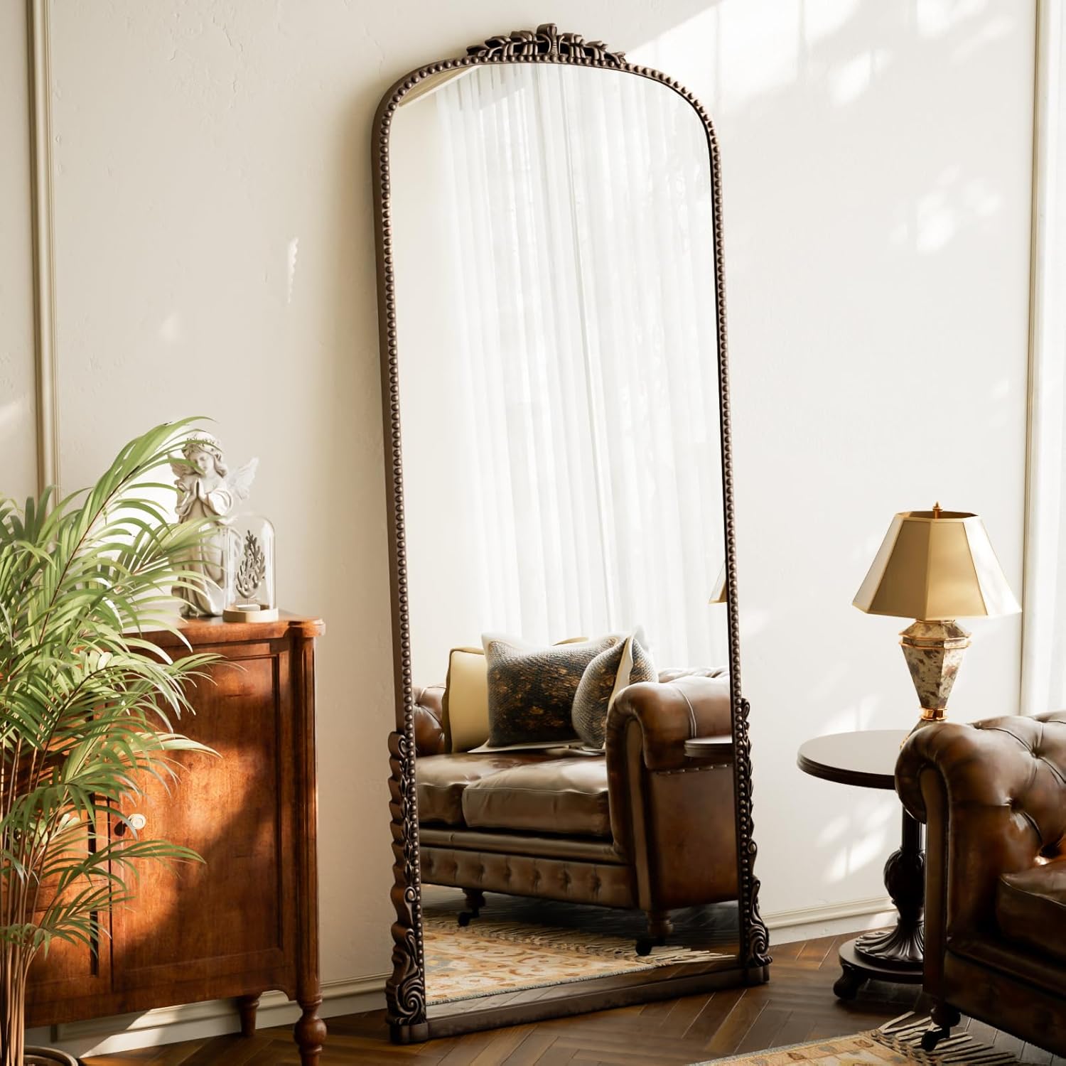 Arched Full Length Mirror with Bead, 69×28 Full Body Standing or Wall-Mounted Mirror, Baroque Wall Decor for Living Room, Bedroom, Entryway, Antique Bronze