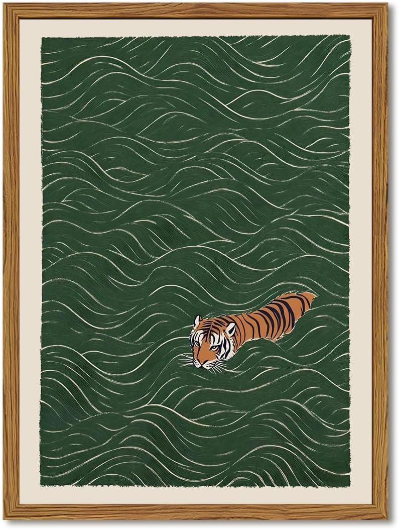 Framed Japanese Tiger Wall Art, Vintage Tiger Swimming Pictures Wall Decor, Funny Wild Animal Paintings Canvas Prints Eclectic Home Decor for Living Room Bedroom Bathroom 12×16 inch
