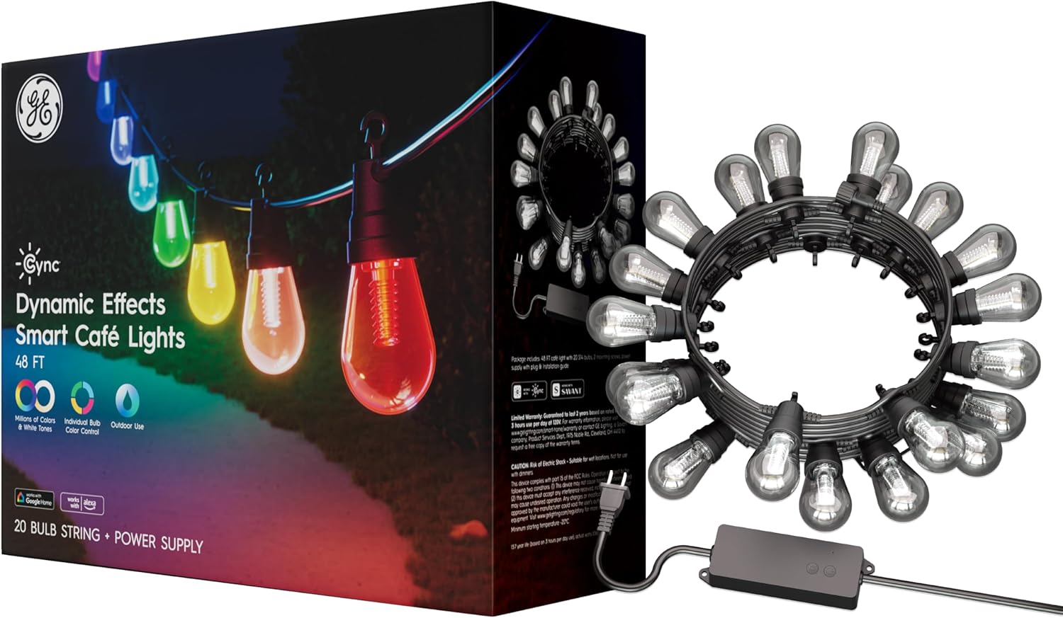 GE Cync Dynamic Effects Smart Cafe Lights, Color Changing Patio String Lights, Compatible with Alexa and Google, 48ft
