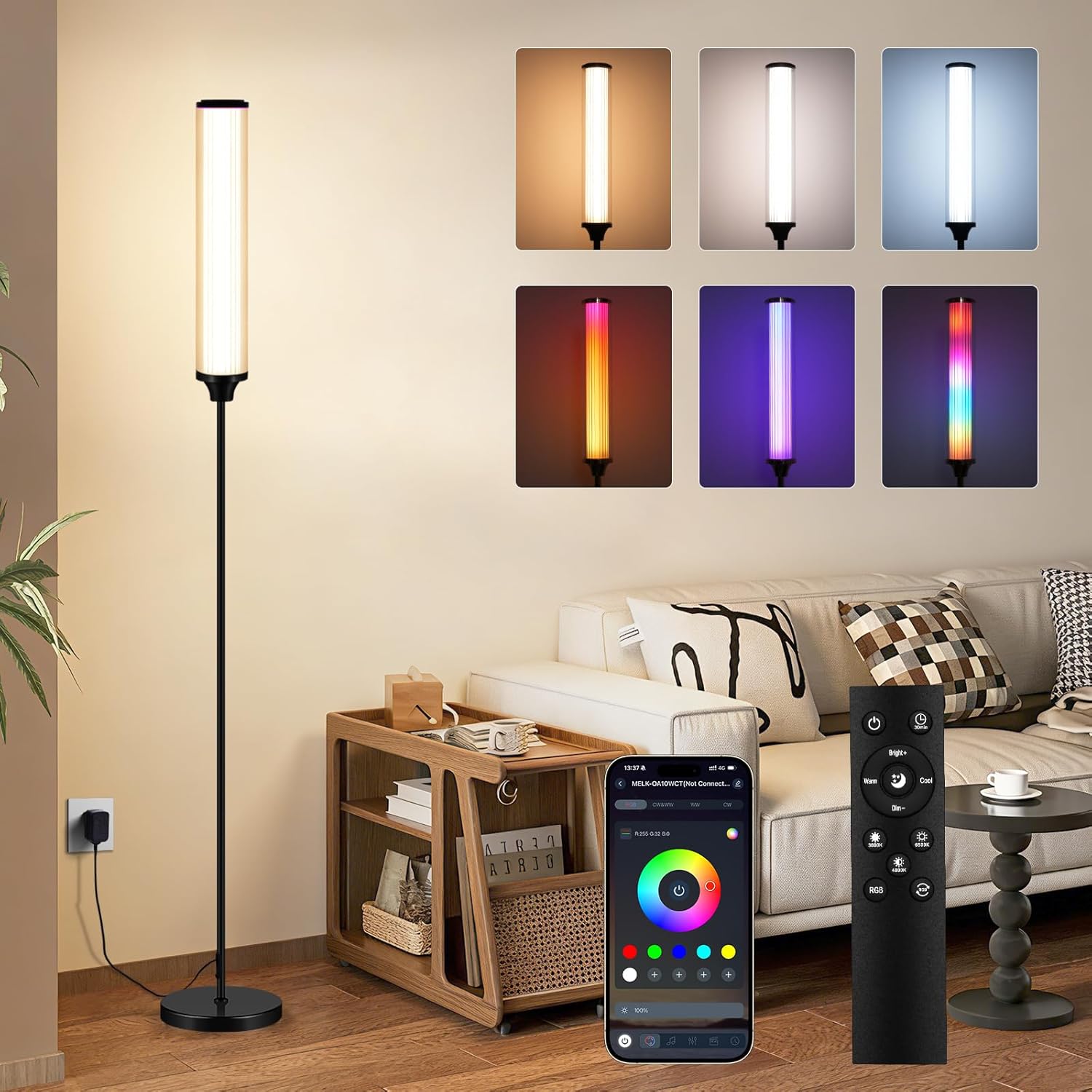 FRIDEKO HOME Floor Lamp, Smart RGBCW LED Color Changing Ambient Lighting for Living Room & Gaming Decor, Standing Lamp with App & Remote Control, Tall Corner Lamp for Bedroom, 12W 1500LM, Black