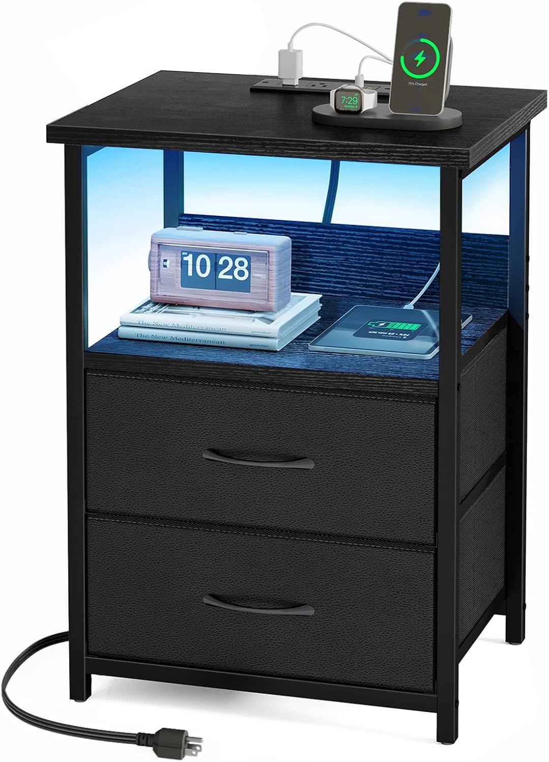 Fixwal Night Stand with Charging Station, LED Nightstand with U-S-B Ports and Outlets for Small Spaces, 2 Fabric Storage Drawers, Bedside Table End Tables Bedroom, Modern Black