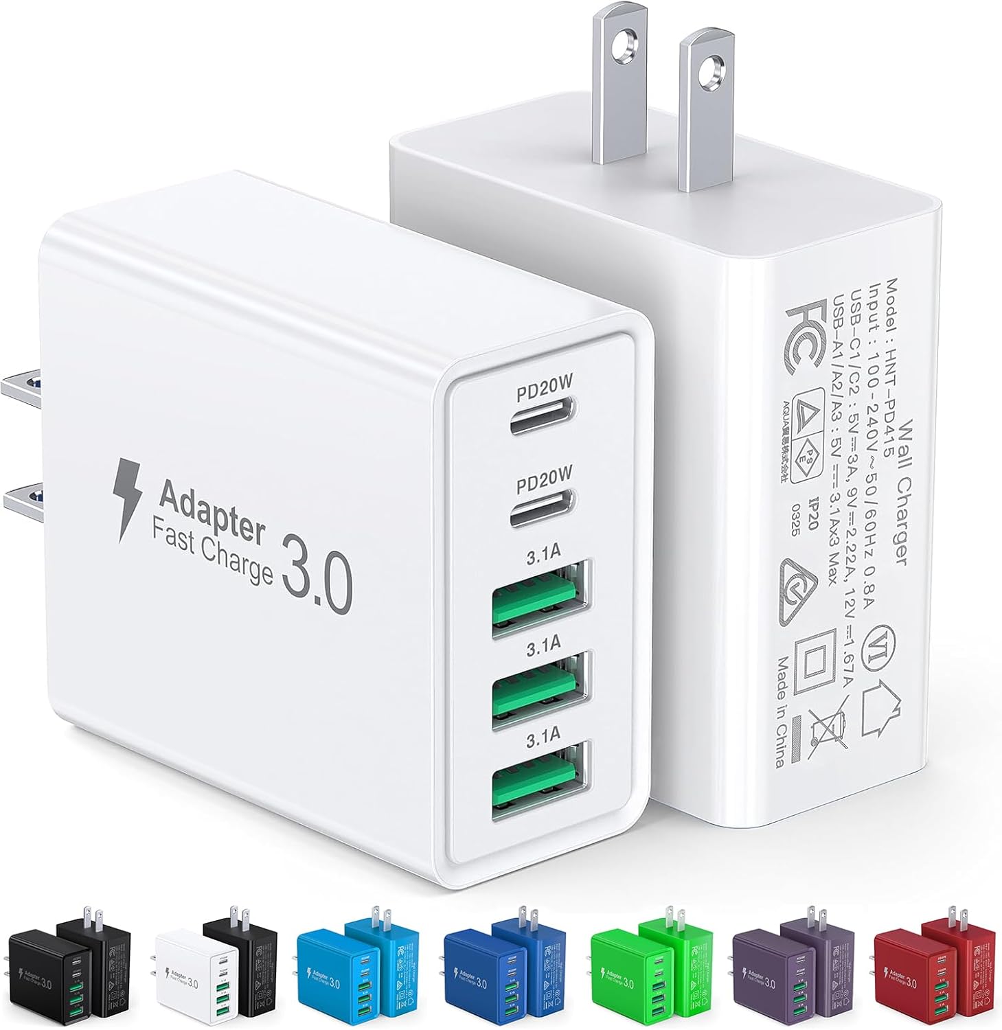 [2-Pack] USB C Wall Charger,50W 5-Port PD Fast USB C Charging Block,2USB C+3USB A Multiport Plug,Type C Power Adapter Brick Cube for iPhone 17/16/15/14/13/12/Pro Max/XS,iPad,for Switch,Samsung,Ultra 2
