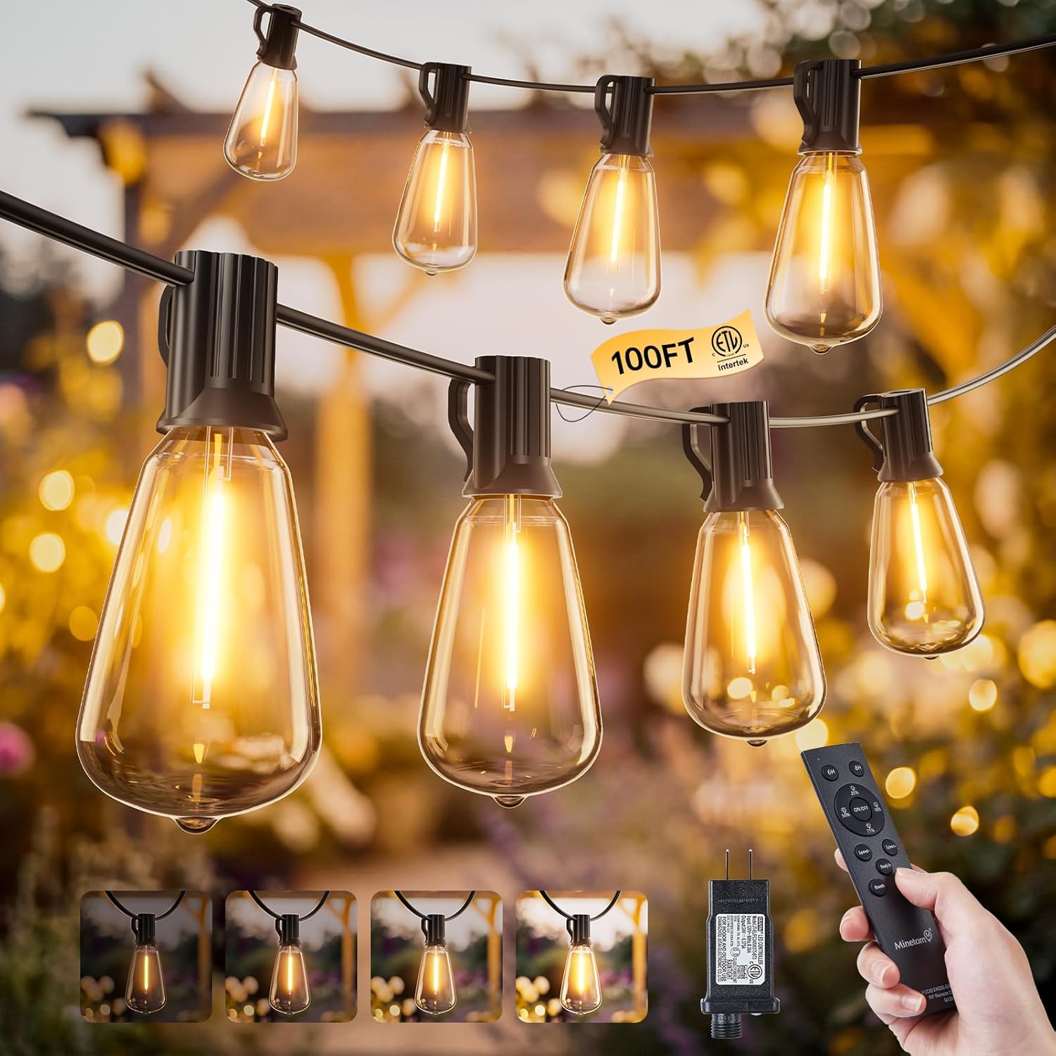 Minetom 100FT Outdoor-String-Lights with Remote, 31+2 Shatterproof ST38 LED Bulbs, Waterproof Patio Lights with 3 Modes, Dimmable & Connectable 2700K Hanging Lights for Backyard Porch Deck Balcony