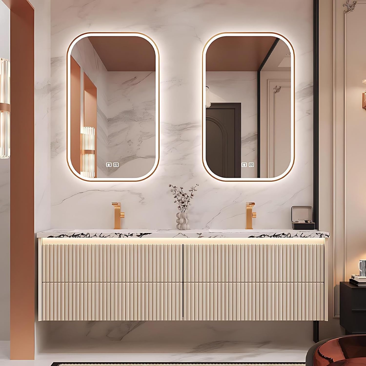 Beige 52IN Double Sink Bathroom Vanity – Luxury Bathroom Vanity Cabinet | Equipped with 2 LED Smart Defogging Mirrors | 4 Drawers | Marble Countertop | Carved Oak Material