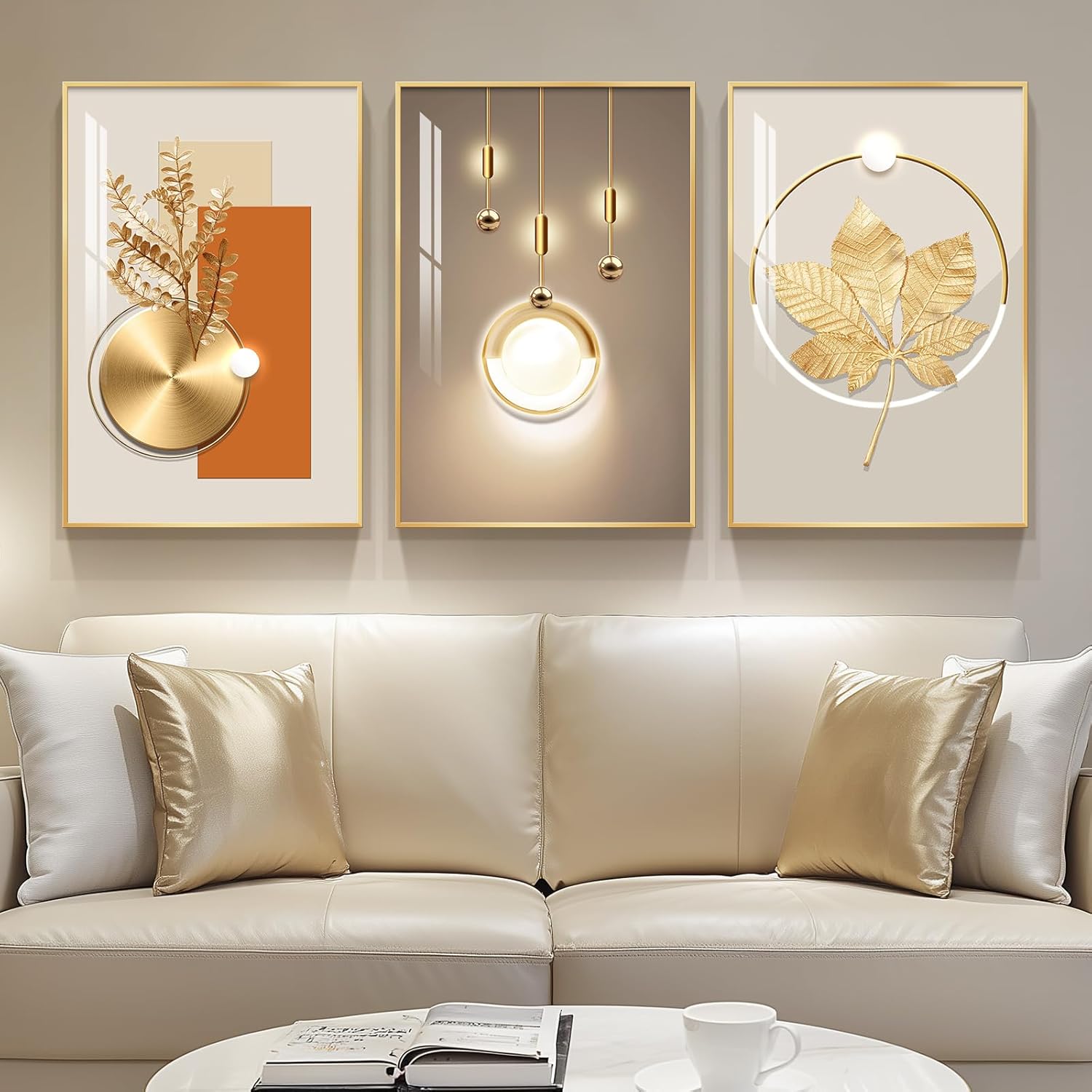 Framed Modern Luxury Gold Wall Art, Set of 3 Piece Contemporary Paintings Artwork for Walls, Golden Prints Pictures with Gold Frame, Wall Decor for Living Room, Hallway, Bedroom, Office 16×24 Inch