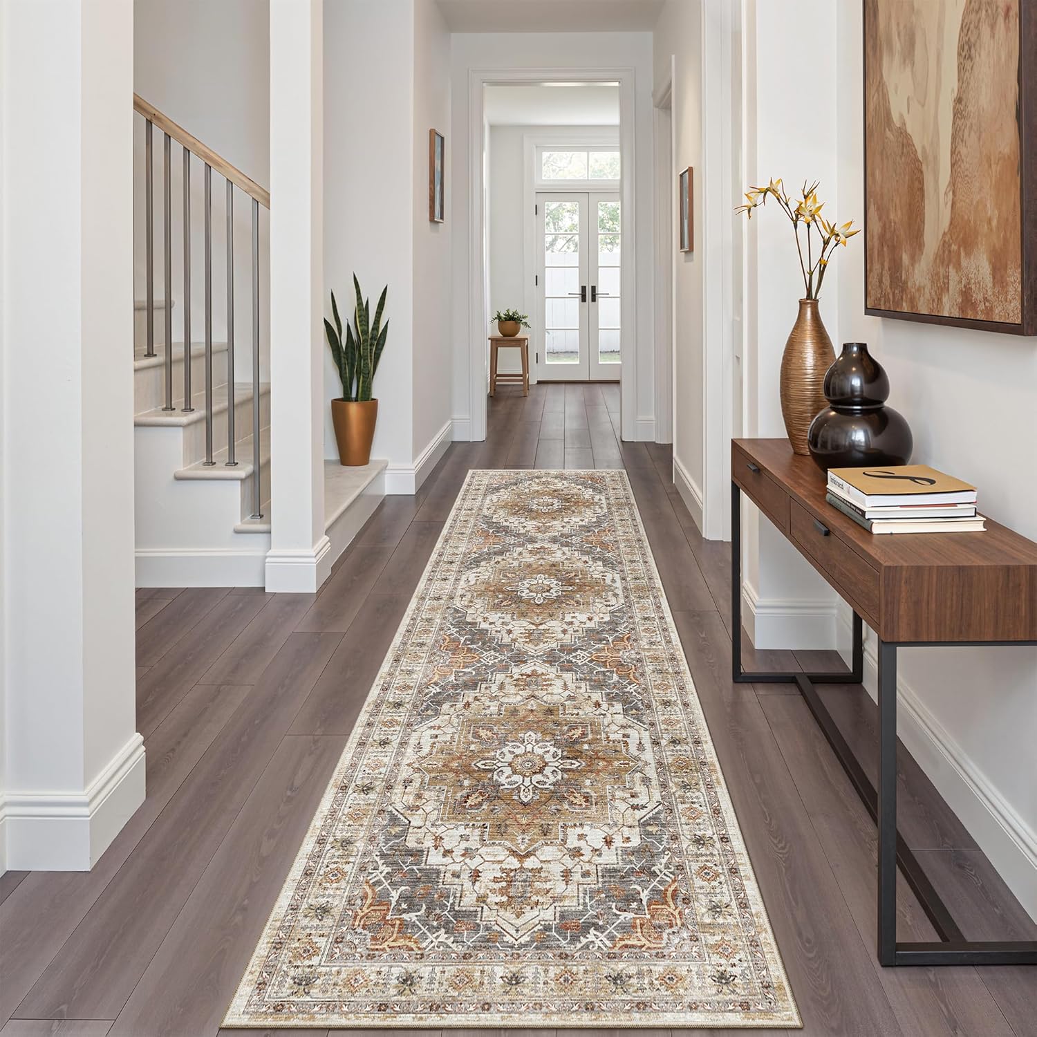 Madane Runner Rug 2×8, Washable Hallway Runner Rugs, Non-Slip Low-Pile Soft Kitchen Rug Runner Laundry Room Rug, Vintage Throw Entry Foyer Mat for Entrance Living Room (Turmeric/Grey, 2 x 8)