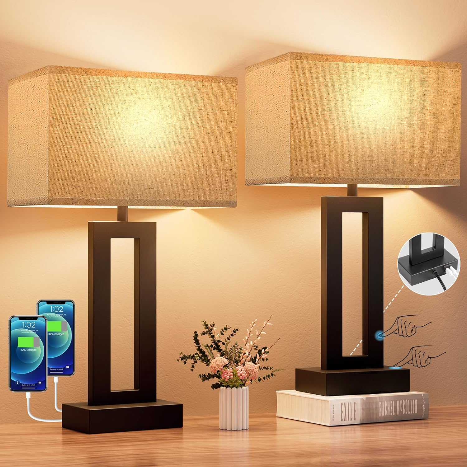Seealle Bedroom Lamps for Night Stands – Touch Control, 3 Way Dimmable, USB C+A Charging, LED Bulbs, Easy Assembly