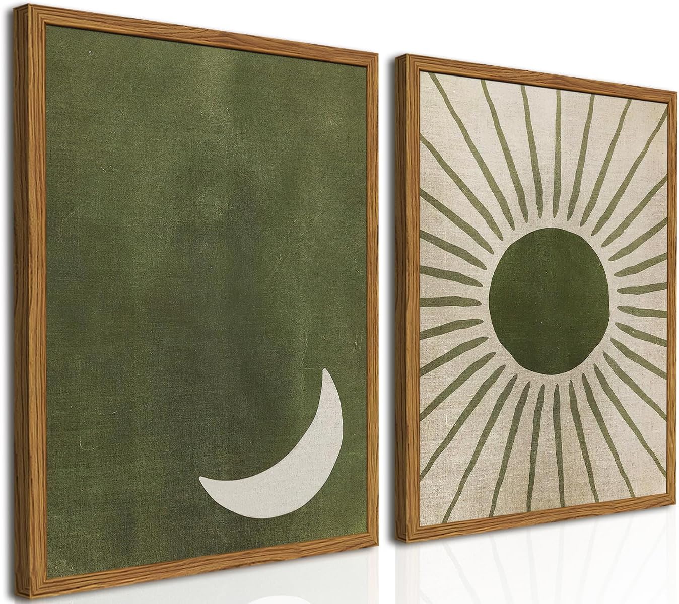 Framed Boho Sun and Moon Canvas Wall Art Set of 2, Vintage Sage Green Bohemian Pictures Wall Decor, Mid Century Modern Abstract Minimalist Paintings Prints for Living Room Bedroom Office 12×16 inch