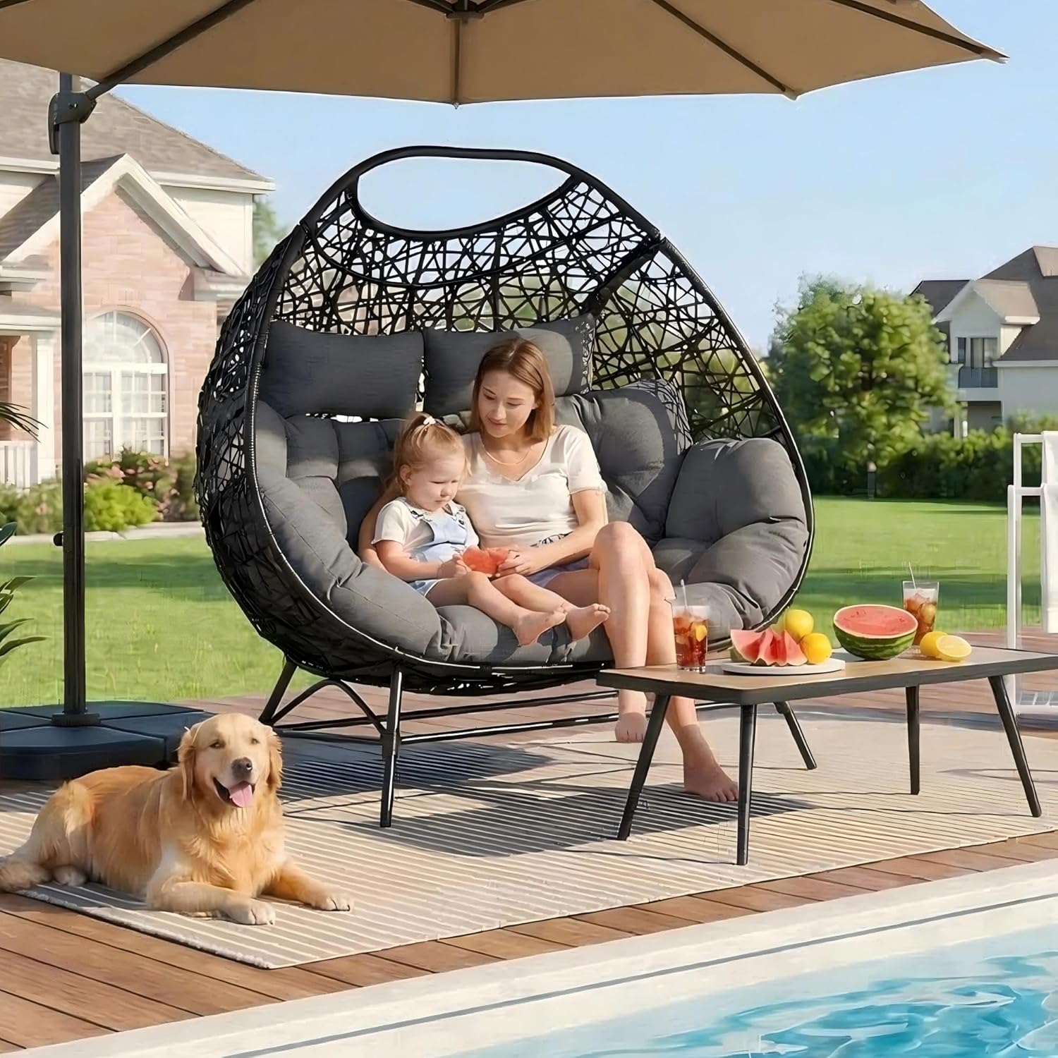 IRONCK Egg Chair Outdoor, Double Egg Lounge Chair with Thickened Padded Cushions and Headrests, 700 Lbs 2 Person Egg Loveseat for Garden, Indoor, Porch, Balcony, Patio, Dark Gray